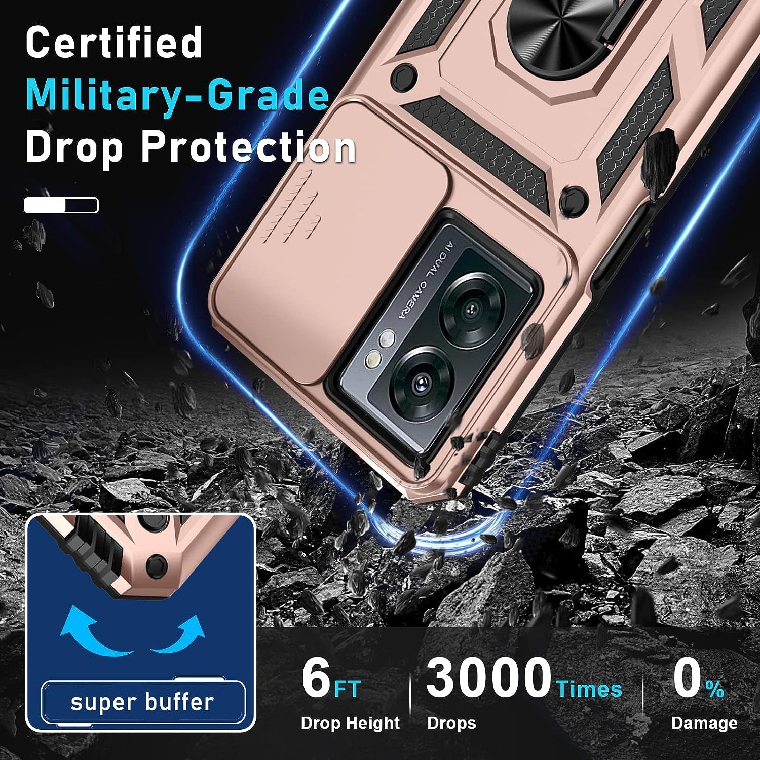 Oneplus Nord N300 5G Case Built in Slide Camera Lens Cover and Screen Protector,Heavy Duty Shockproof Full Body Protective Phone Cover,Built in Finger Ring Stable Holder Kickstand,2022 Rose Gold  Janmitta   