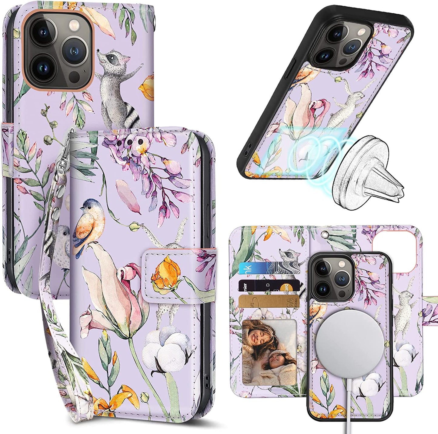 CASEOWL Iphone 14 Pro Max Wallet Case [Compatible with Magsafe Charger] Magnetic Detachable [RFID Blocking] Floral Pattern Flip Leather Lanyard Wallet Case with Card Holder,Strap for Women (Vintage)  CASEOWL Floral Purple [for iPhone 14 Pro Max]  