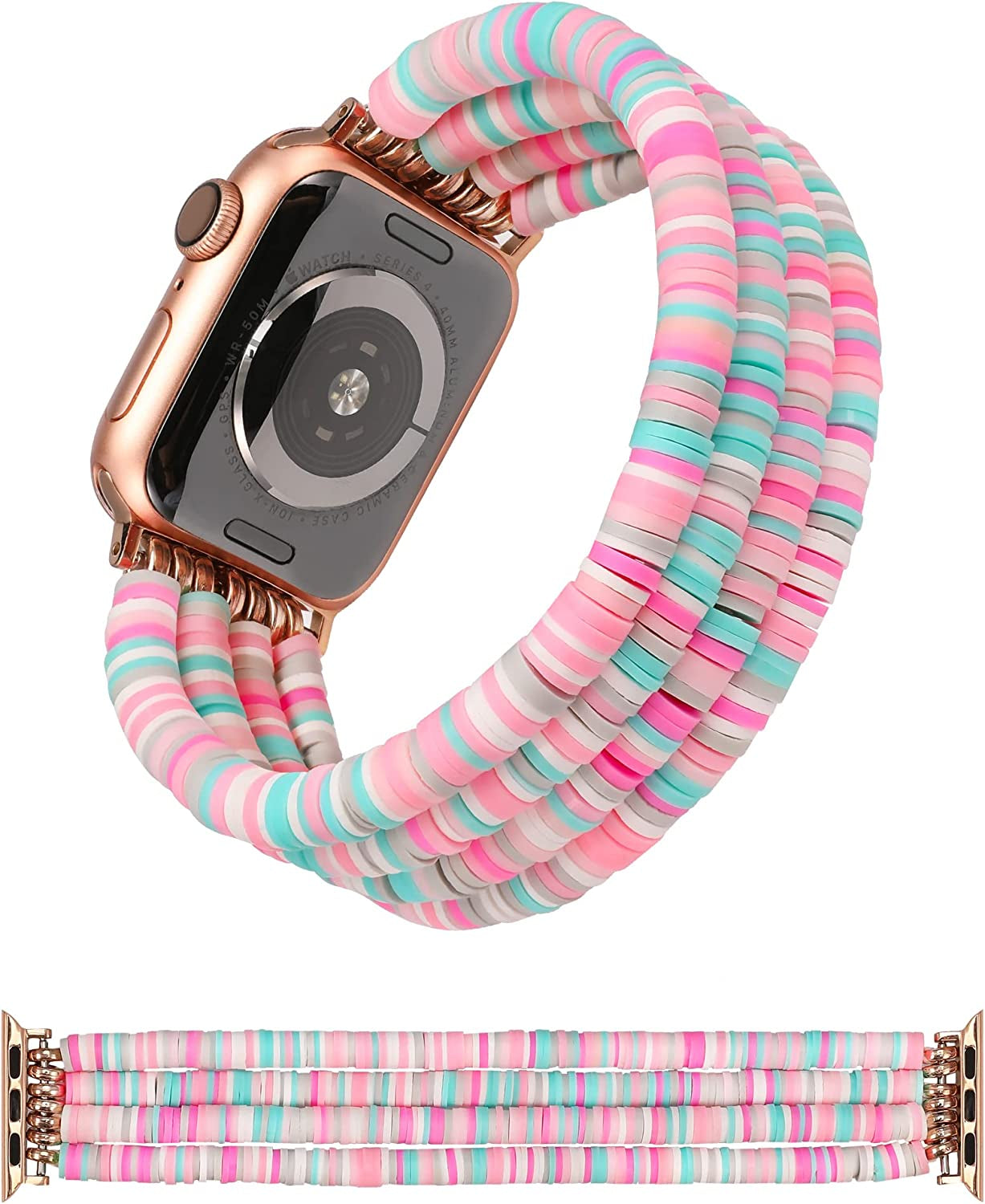 TOYOUTHS Heishi Beads Bracelet Compatible with Apple Watch Band Cute Stretch Girl Women Summer Beach Surfer Stackable Clay Preppy Jewelry Band for Iwatch 42/44/45Mm Series SE 7 6 5 4 3 2 1  TOYOUTHS Green/Pink/Gray 41/40/38mm S (5.7" - 6.1" Wrist) 