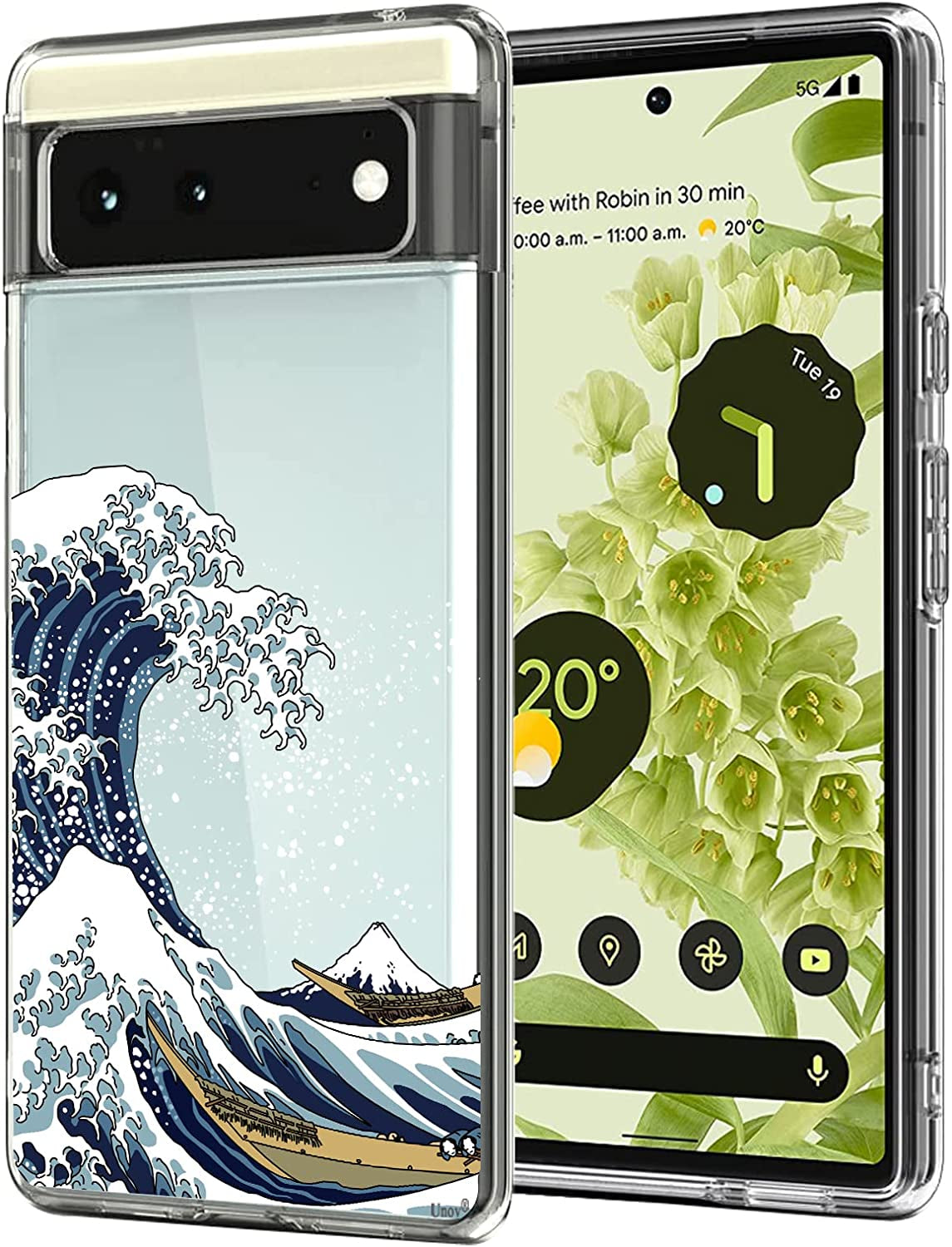 Unov Case Compatible with Pixel 6 Case Clear with Design Soft TPU Shock Absorption Slim Embossed Pattern Protective Back Cover 6.4 Inch (Flower Garden)  Unov Great Wave  