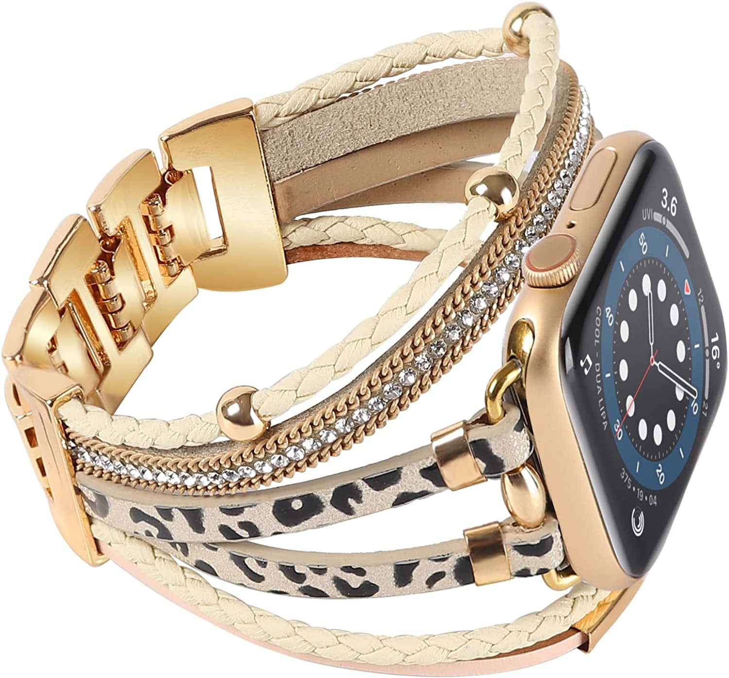 WONMILLE Posh Leather Bands Compatible with Apple Watch 41Mm 40Mm 38Mm 45Mm 44Mm 42Mm 49Mm Women, Boho Bracelets Jewelry Multilayer Wrap Strap for Iwatch Series Ultra 8 7 6 5 4 3 2 1 SE  WONMILLE Cheetah with Gold 42mm/44mm/45mm 