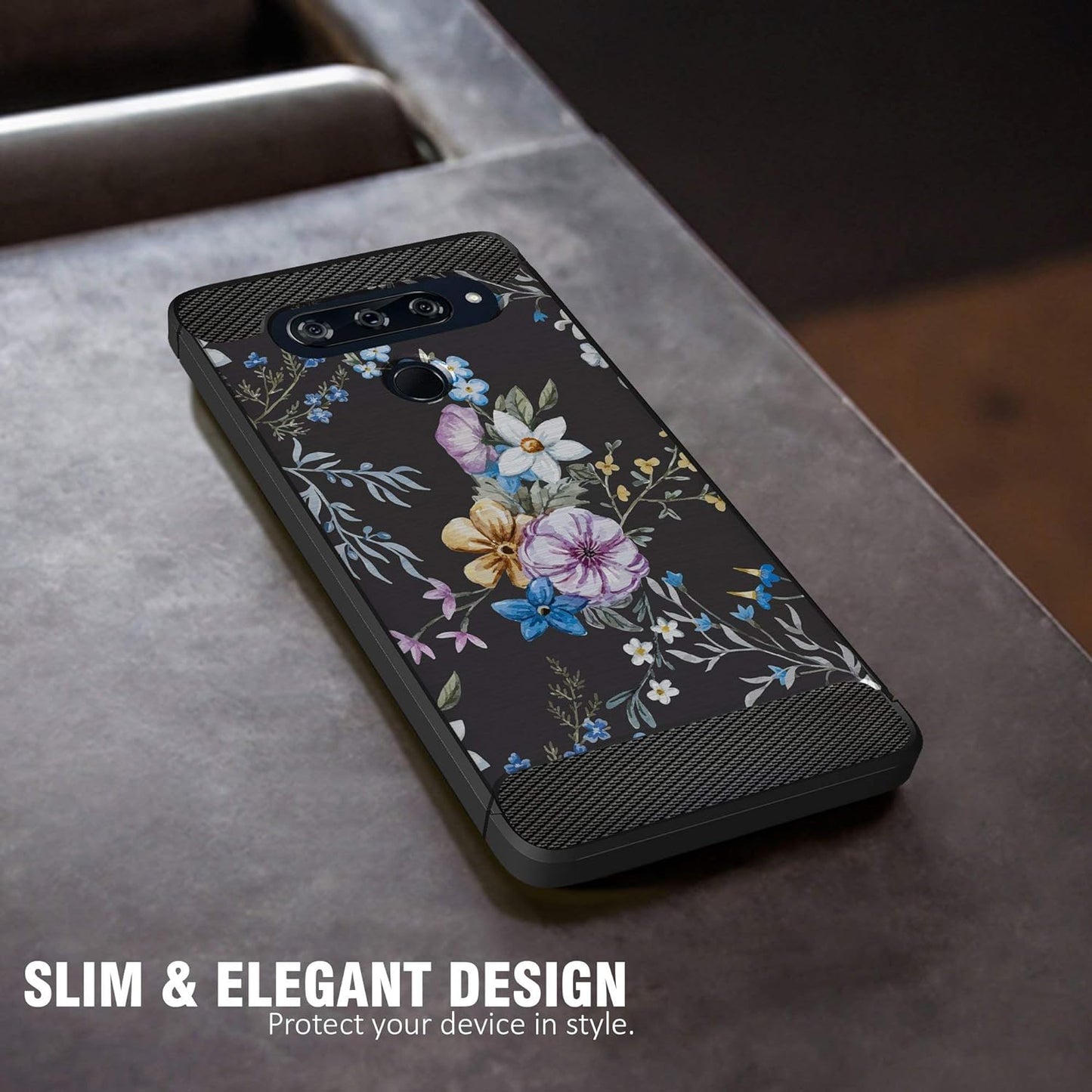 Casesondeck Case Compatible with [LG V40 Thinq] Soft TPU Bumper Cover Carbon Fiber Texture Flexible (Flowers)  CasesonDeck   