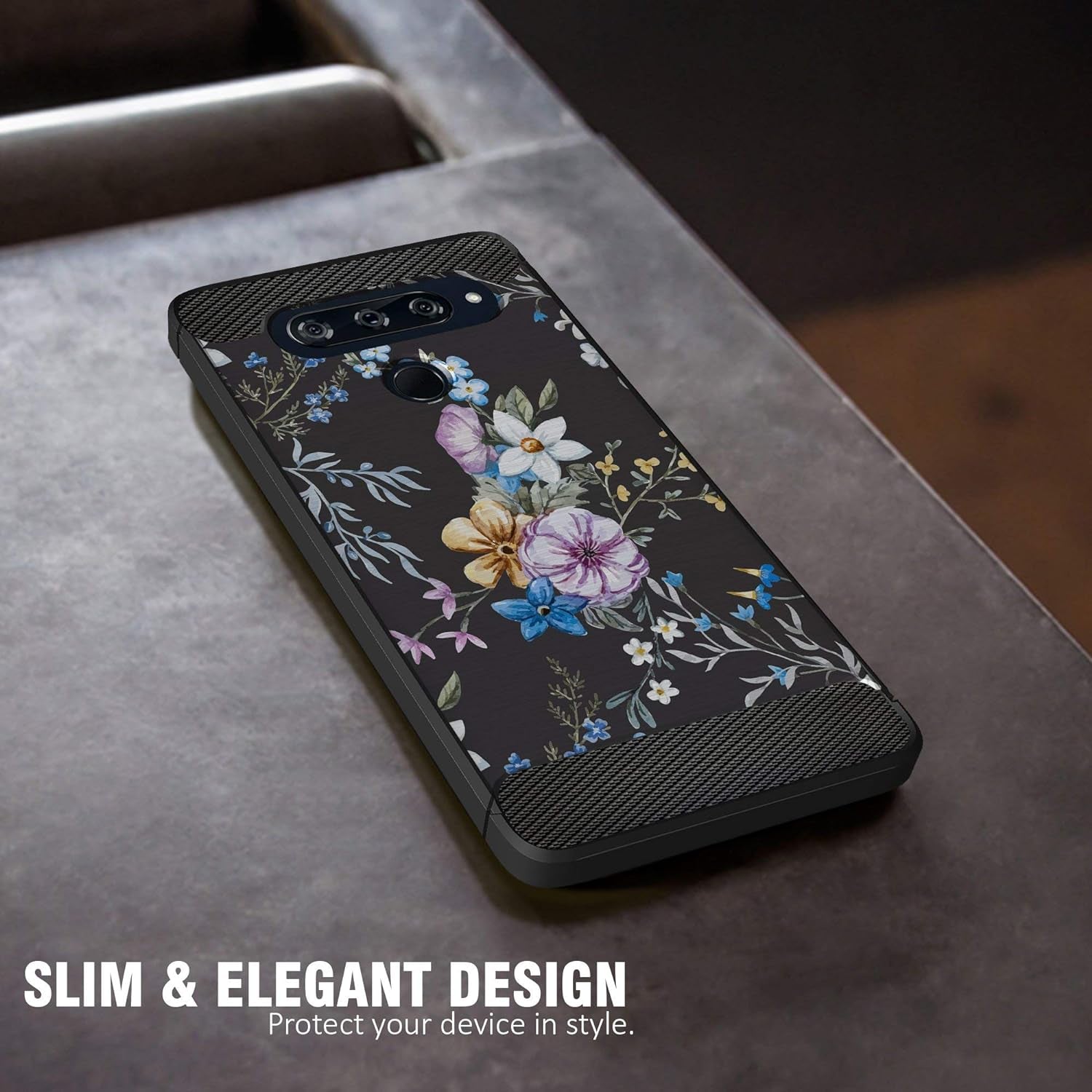 Casesondeck Case Compatible with [LG V40 Thinq] Soft TPU Bumper Cover Carbon Fiber Texture Flexible (Flowers)  CasesonDeck   