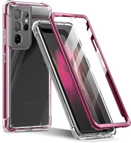 SURITCH for Samsung Galaxy S21 Ultra Clear Case 6.8" (Only), [Built-In Screen Protector] Full Body Protective Hard Shell+Soft TPU Phone Case for Samsung S21 Ultra -(Dark Magenta Edge)  SURITCH   