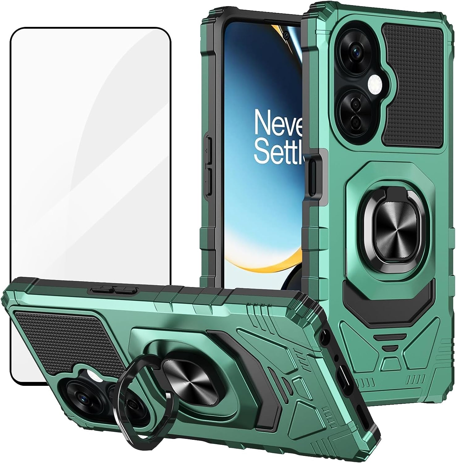 Ailiber Case for Oneplus Nord N30, One plus N30 5G Case with Tempered Glass Screen Protector, Ring Kickstand for Magnetic Car Mount, Military Grade Shockproof Phone Cover for 1+ Nord N30 -Black  Ailiber Ring Kickstand  Screen Protector  Green  
