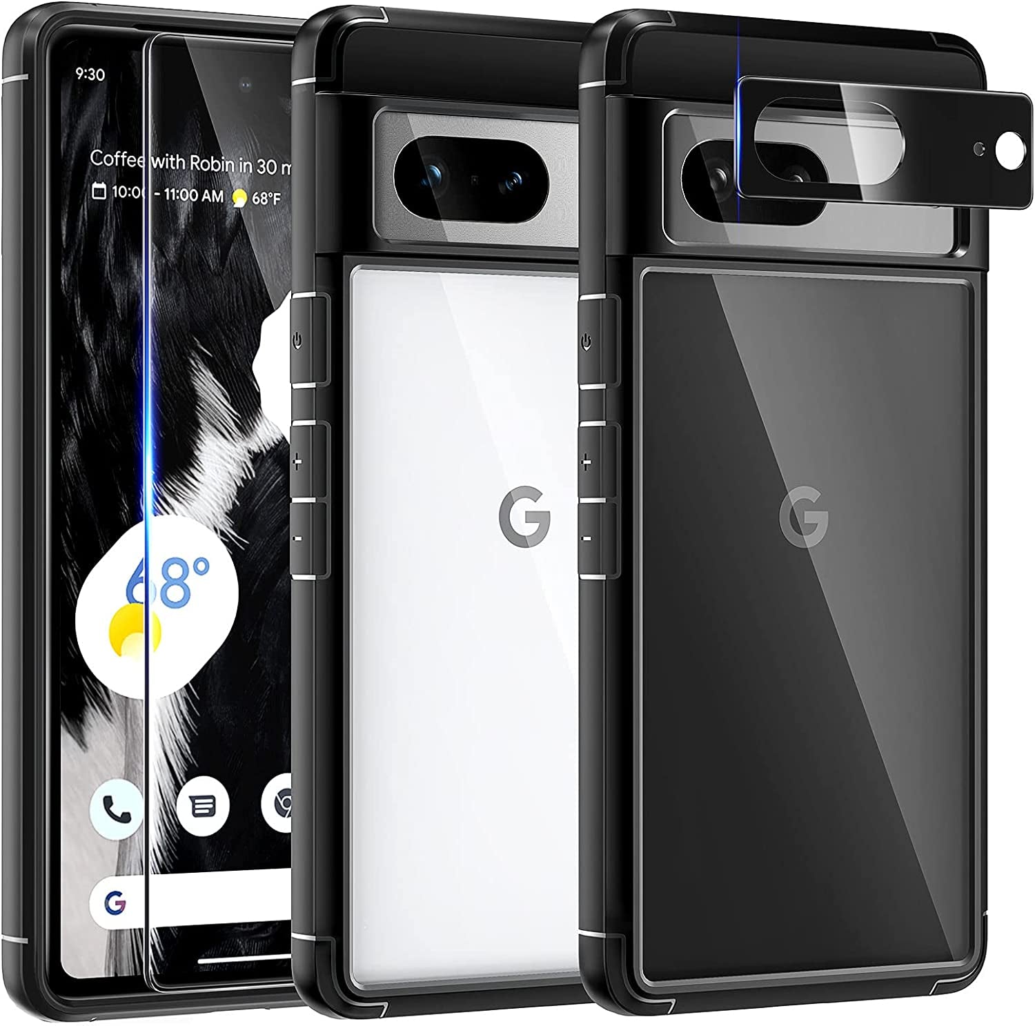 TAURI for Google Pixel 8 Pro Case, [5 in 1] 1X Clear Case [Not-Yellowing] with 2X TPU Film Screen Protector + 2X Camera Lens Protector, [Military Grade Protection] Slim Case for Pixel 8 Pro  TAURI Black For Pixel 7 