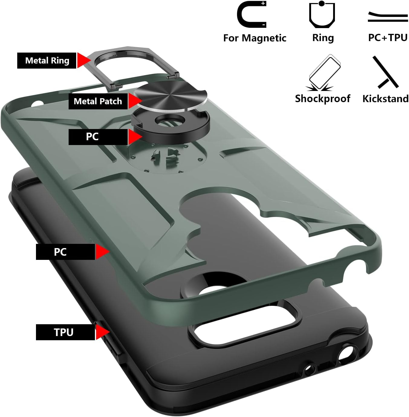 GAMEMIUZ LG G6 Case, LG G6 Case with [3X Tempered Glass Screen Protector], Built-In Ring Kickstand and Magnetic Car Mount Shockproof Dropproof Military Grade Armor Rugged Case for LG G6 - Dark Green  Gamemi   