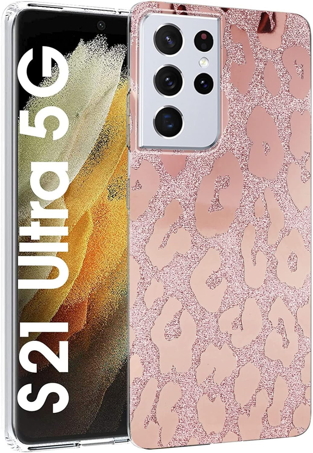 J.West Galaxy S21 Ultra 5G Case 6.8-Inch,Luxury Saprkle Bling Glitter Leopard Print Design Soft Metallic Slim Protective Phone Cases for Women Girls Clear TPU Bumper Silicone Cover Case Rose Gold  J.west   