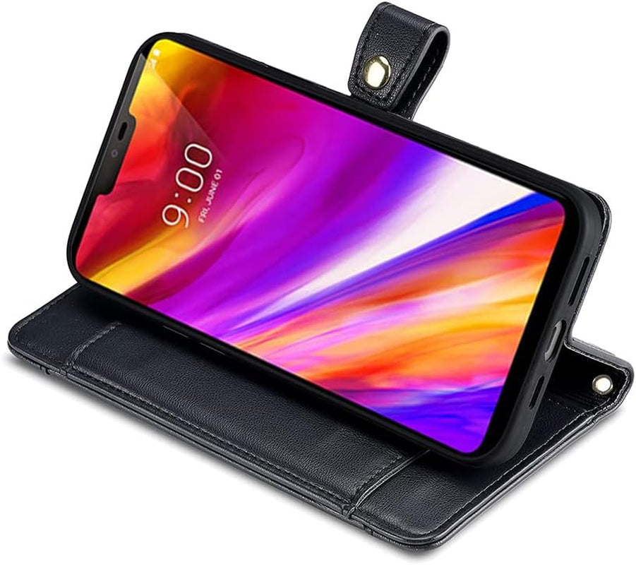 Asuwish Phone Case for LG G7 Thinq Wallet Cover and Tempered Glass Screen Protector Leather Card Holder Zipper Stand LGG7 One G 7 plus LG7 Fit Lg7Thinq 7G Thin Q G7+ G7Thinq Lgg7Thinq Women Men Black  Asuwish   