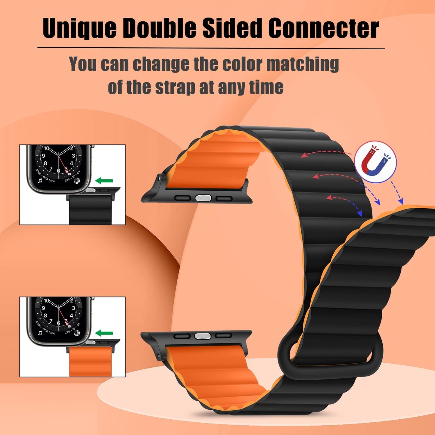 HITZEE Compatible with Apple Watch Band 49Mm 45Mm 44Mm 42Mm, Double Sided Wearable Silicone Magnetic Loop Bands Compatible for Apple Watch Ultra Series 8 7 SE 6 5 4 3 2 1, Orange Black  HITZEE   