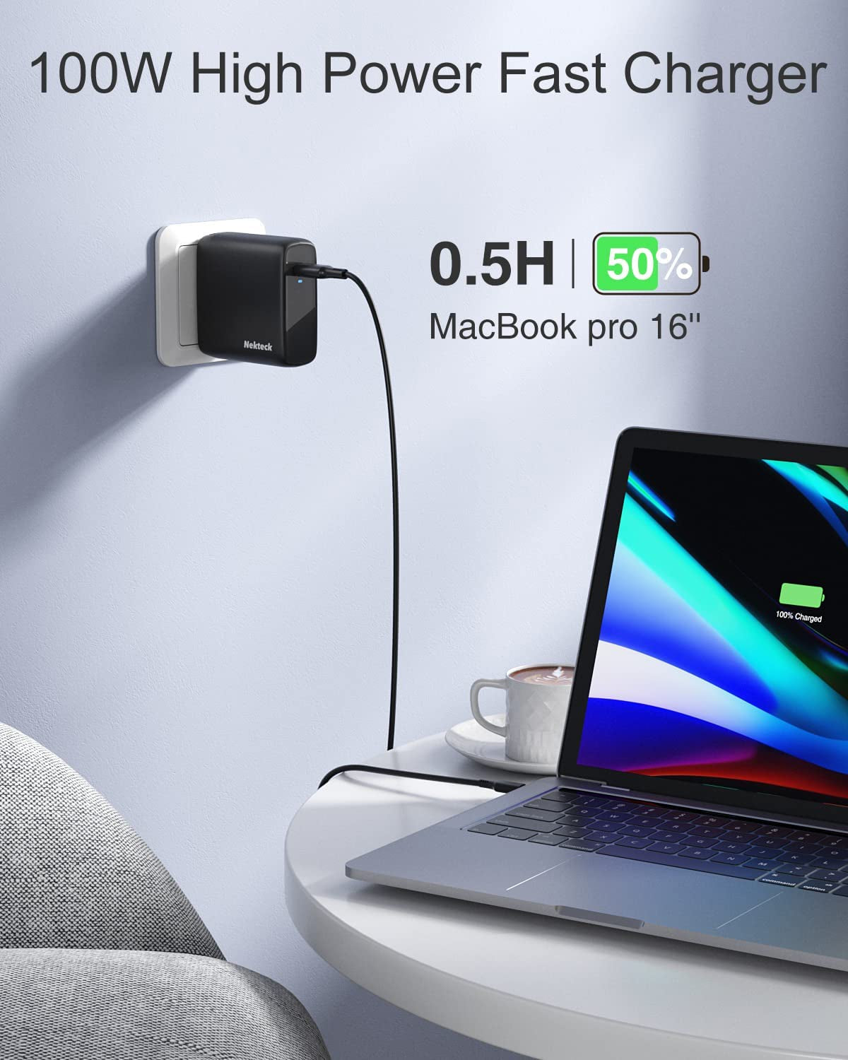 Nekteck 100W USB C Charger [Gan Tech & USB-IF Certified], PD 3.0 Adapter with Foldable Plug, Fast Wall Charger Compatible with Macbook Air/Pro, Ipad Air/Pro, Iphone and More (Support Magsafe 3).  Nekteck   