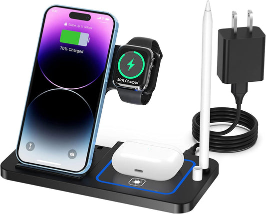 Wireless Charging Station for Apple Multiple Devices - 4 in 1 Charger Station Stand Dock for Apple Watch Series 7 6 SE 5 4 3 2 & Airpods Apple Pencil Iphone 13 12 11 Pro X XR 8 Iwatch with Adapter  Popveen   