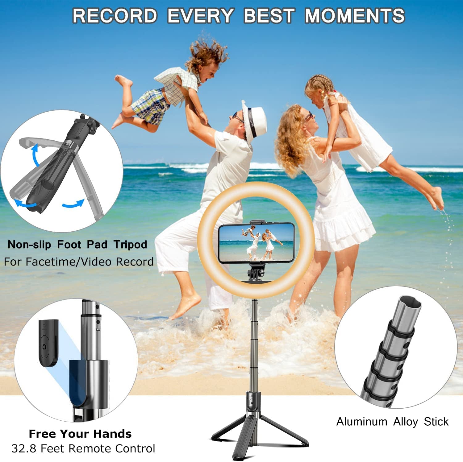 Selfie Stick with 6" Ring Light, Tripod and Phone Holder,3 in 1 Portable LED Fill Light Selfie Stick Tripod Remote Control,Dimmable 3 Colors for Youtube Videos Tiktok Live Stream Make-Up  Amailtom   