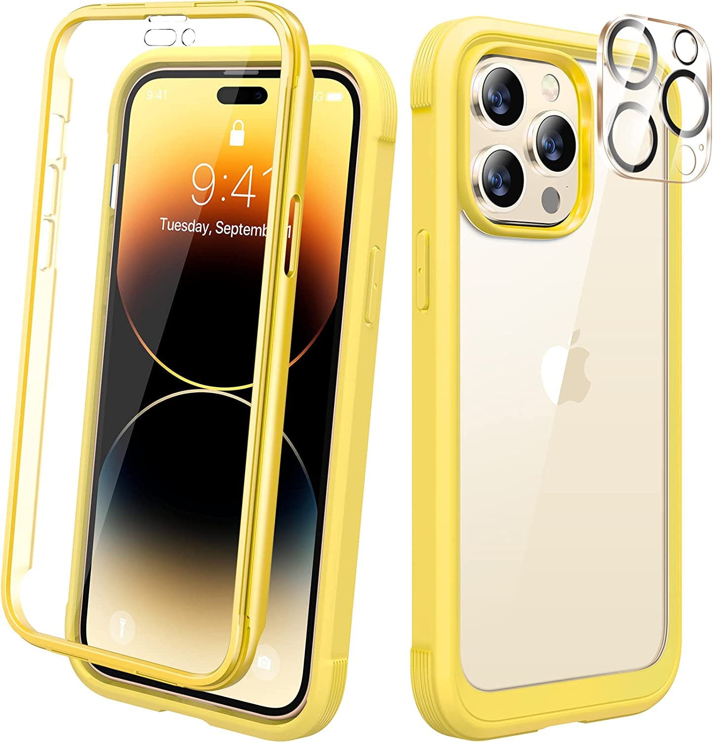 Diaclara Designed for Iphone 14 Pro Case 6.1’’, [2023 Upgraded] Full Body Rugged Case W/Built-In Touch Sensitive Anti-Scratch Screen Protector+9H Tempered Glass Camera Lens Protector (Bean Yellow)  Diaclara Lemon Yellow Iphone 14 Pro 