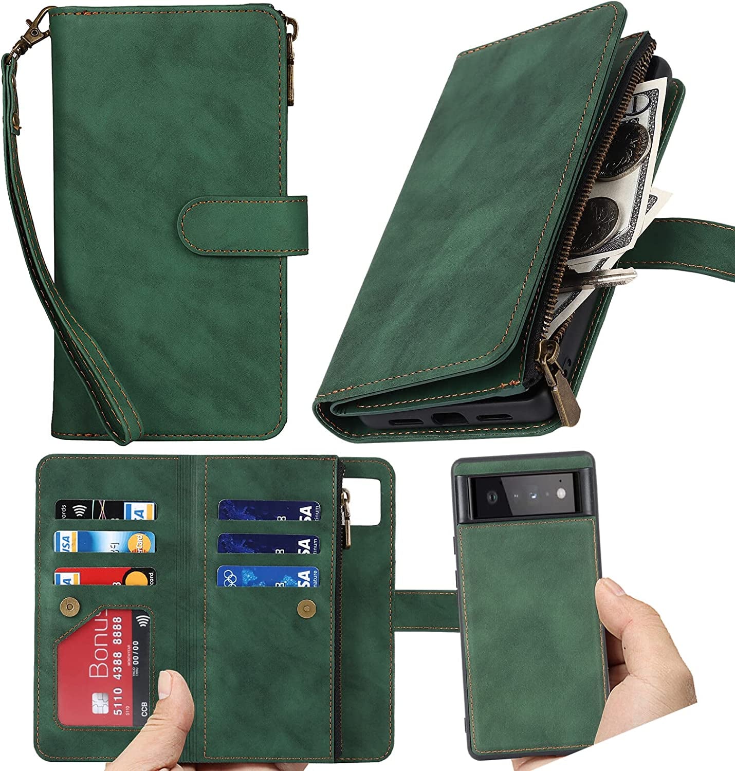 Ｈａｖａｙａ Google Pixel 6 Pro 5G 6.7" Case Zipper Wallet- with 6 Card Holder [RFID Blocking]- Detachable 2-In-1-Wristband Lanyard - for Women and Men-Wireless Charger Compatible Flip Folio Cover-Purple  Ｈａｖａｙａ 2In1 Green Google Pixel 6 Pro 5G 