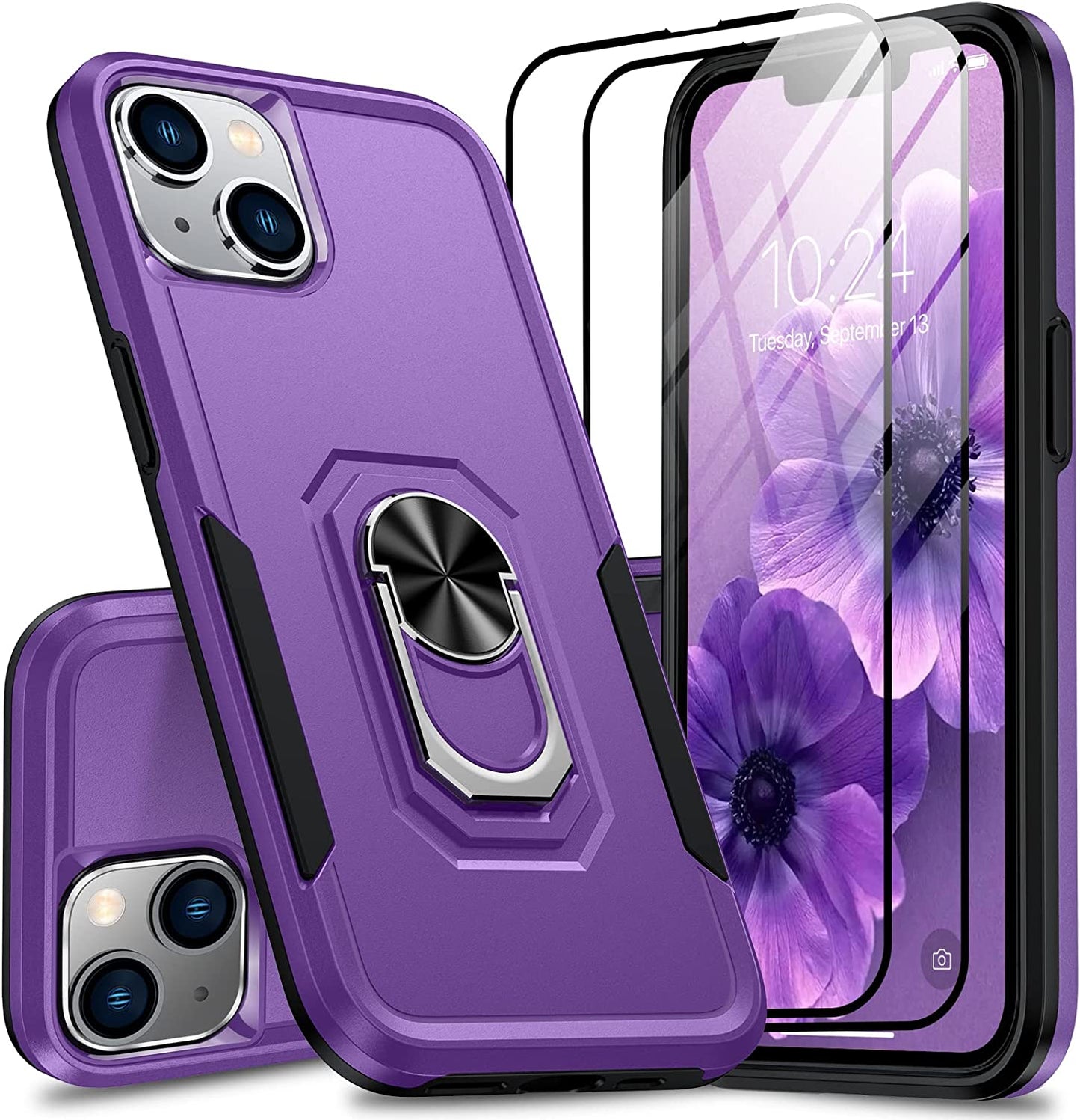 Oterkin for Iphone 14 Pro Case,Iphone 14 Pro Phone Case with [360°Rotatable Stand Ring][2Pcs 9H HD Tempered Glass Screen Protector][10Ft Military Grade Shockproof] Case for Iphone 14 Pro (Blue)  Oterkin Purple Iphone 14 
