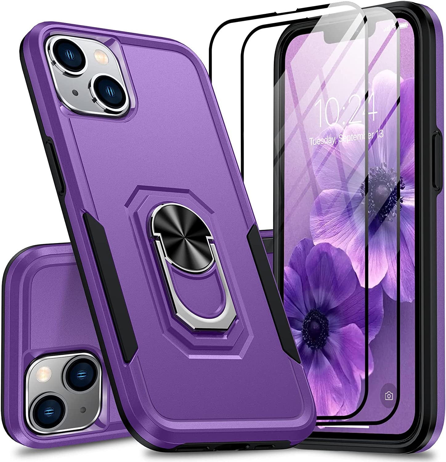 Oterkin for Iphone 14 Pro Case,Iphone 14 Pro Phone Case with [360°Rotatable Stand Ring][2Pcs 9H HD Tempered Glass Screen Protector][10Ft Military Grade Shockproof] Case for Iphone 14 Pro (Blue)  Oterkin Purple Iphone 14 