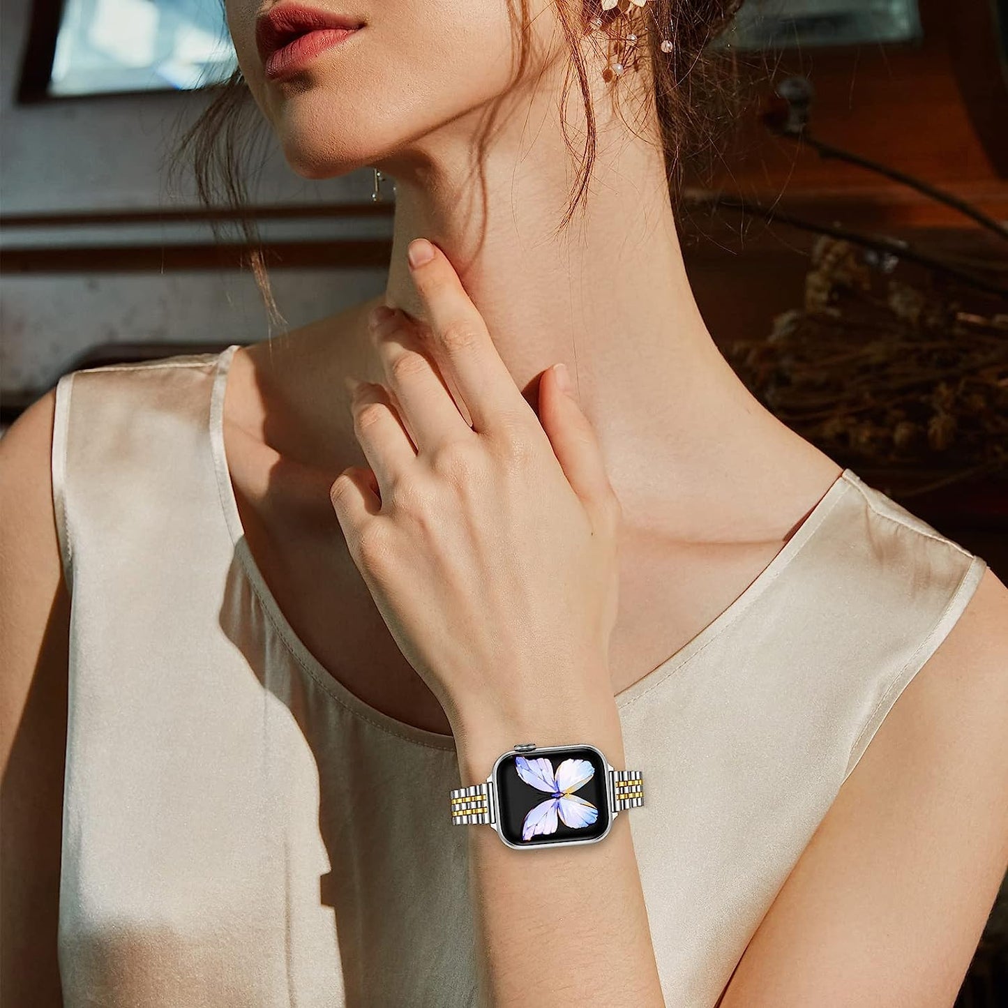 Miohhr Slim Metal Bands Compatible with Apple Watch Ultra Band (49Mm) Series 8/7(45Mm 41Mm),Series SE 6/5/4(40Mm 44Mm),Series 3/2 /1(38Mm 42Mm), Thin Stainless Steel Chain Strap for Women Iwatch Band  MioHHR   