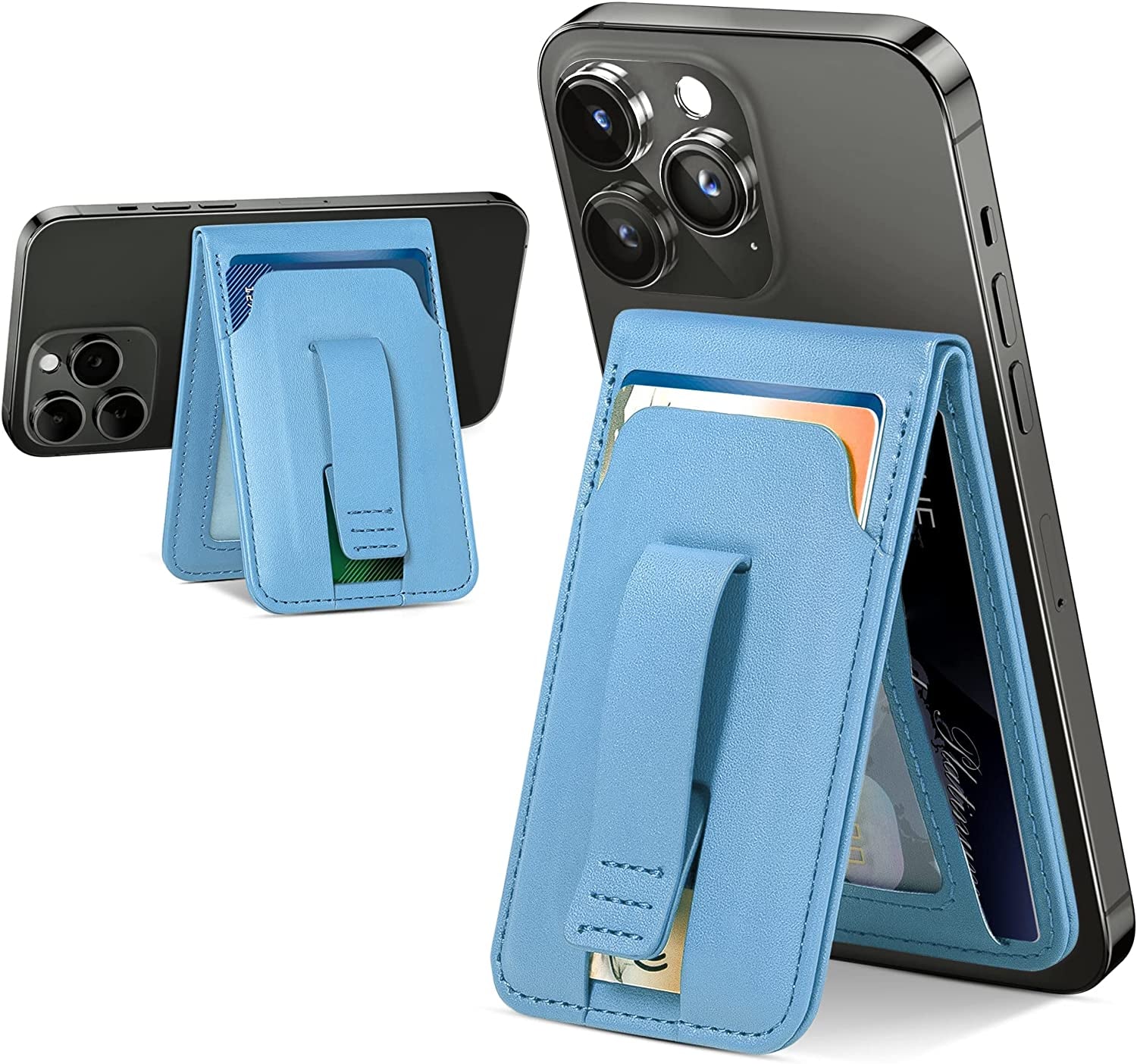 Magsafe Phone Wallet Card Holder: Magnetic Apple Wallet and Adjustable Phone Stand for Iphone 14/13/12 Series, 4 Cards Holder, Grip Finger Loop, Vegan Leather, Black (Not for Iphone 13 Mini/12 Mini)  Huogantom Blue  