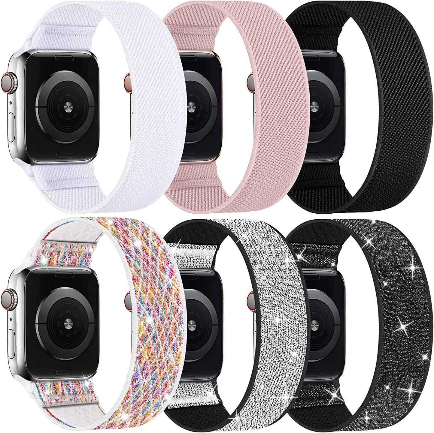 ENJINER Stretchy Nylon Solo Loop Bands Compatible with Apple Watch 38Mm 40Mm 41Mm 42Mm 44Mm 45Mm 49Mm Ultra Iwatch Series 8 7 SE 6 5 4 3 2 1 Strap, Sport Elastic Braided Women Men No Buckles Clasps Replacement Wristband  ENJINER 6A-Black/White/Pink Sand/Shining Black/Shining Mermaid/Shining Silver 38/40/41mm S(wrists 5.43"-6.18"/138-157mm) 