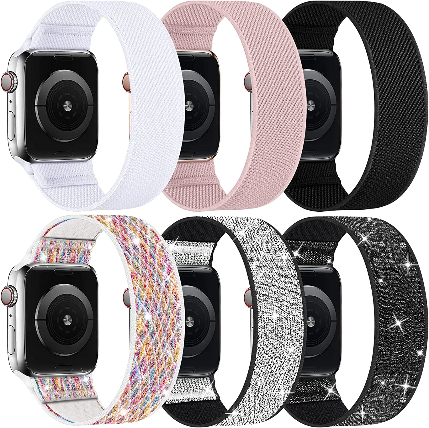 ENJINER Stretchy Nylon Solo Loop Bands Compatible with Apple Watch 38Mm 40Mm 41Mm 42Mm 44Mm 45Mm 49Mm Ultra Iwatch Series 8 7 SE 6 5 4 3 2 1 Strap, Sport Elastic Braided Women Men No Buckles Clasps Replacement Wristband  ENJINER 6A-Black/White/Pink Sand/Shining Black/Shining Mermaid/Shining Silver 38/40/41mm S(wrists 5.43"-6.18"/138-157mm) 