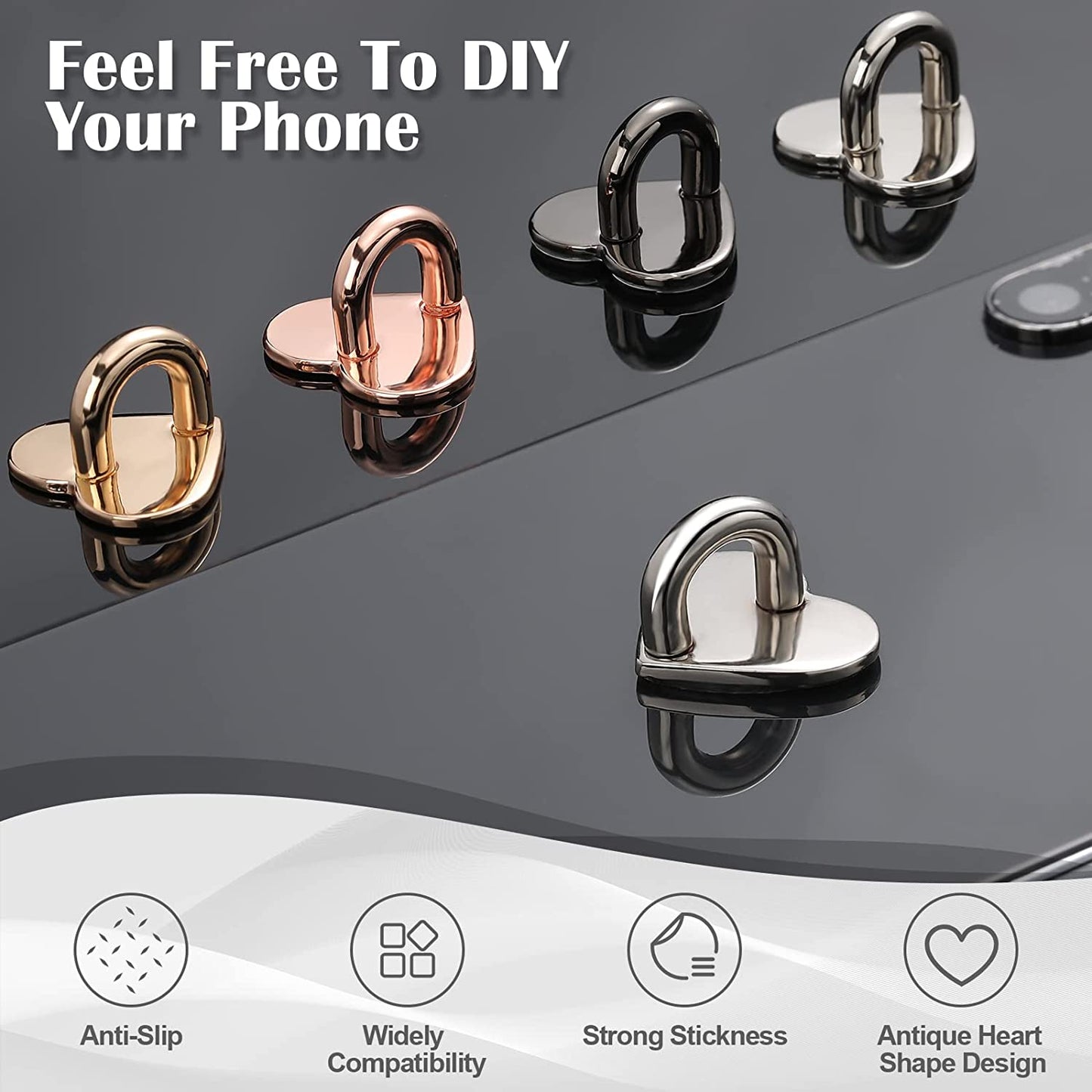 8 Pcs Cell Phone Finger Ring Adhesive Metal Phone Finger Grip Loop Stand Heart Grip Holder Phone Charm Hook for DIY Hanging Supplies (Gold, Silver, Rose Gold, Black)  Moxweyeni   