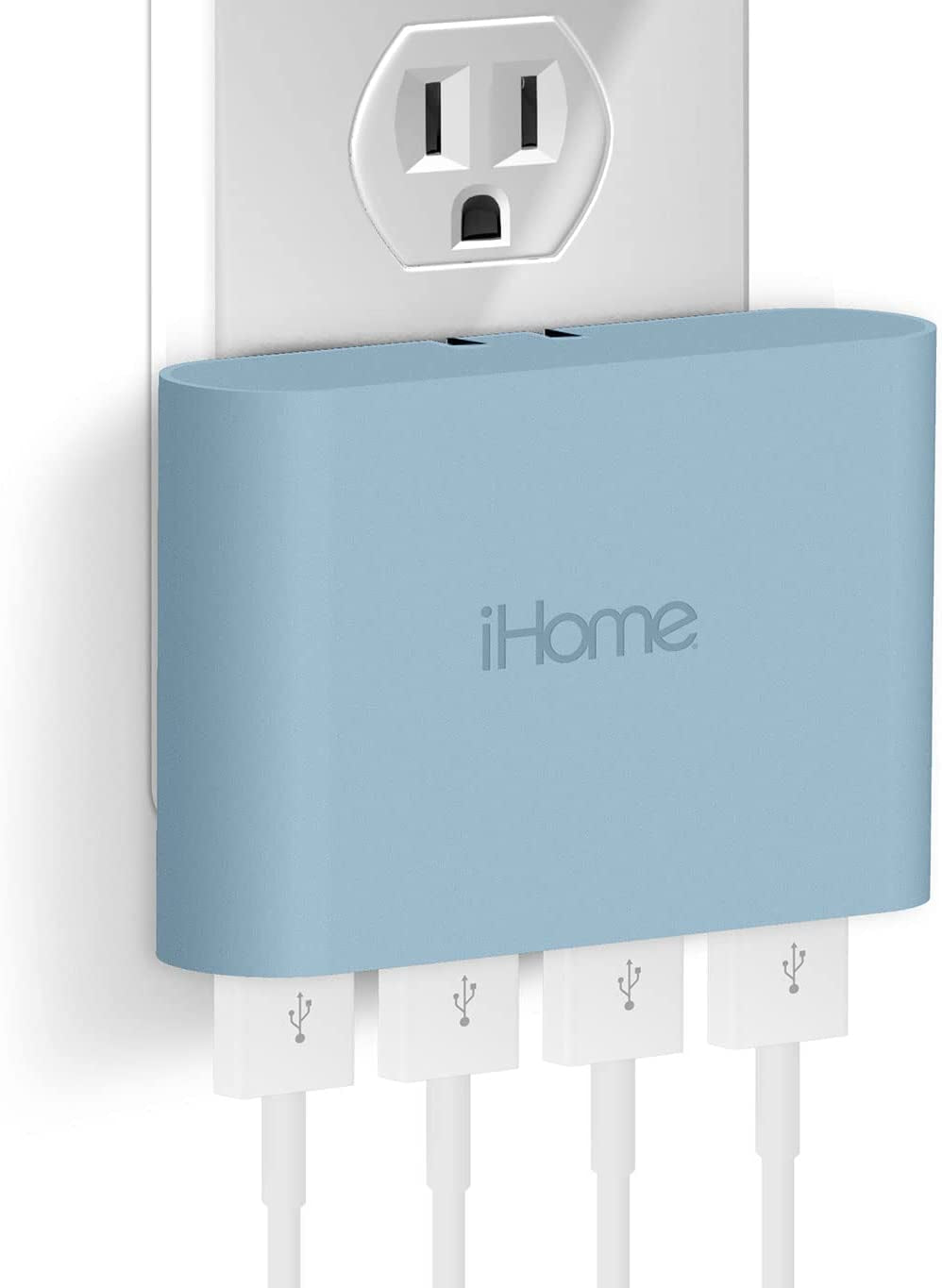 Ihome Slim USB Wall Charger: AC Pro Multiport USB Charger, USB Plug Adapter & Phone Charging Block, 4 USB Plugs for Wall Outlet, Flat 4 Port USB Charger & USB Wall Adapter  iHome by Lifeworks Technology Pastel Blue 4 Port Rapid Charge 