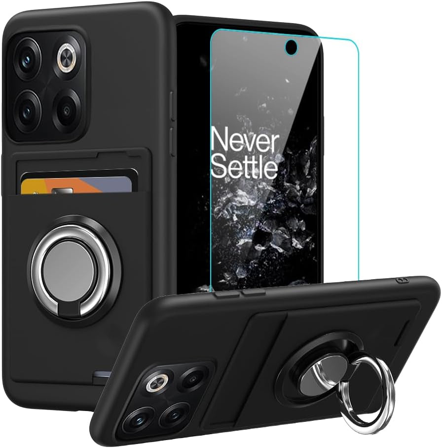 Anneey for Oneplus 11 5G Phone Case with Tempered Glass Screen Protector, Card Holder with Ring Stand Case for 1+ 11 5G Cover - Black  Anneey   