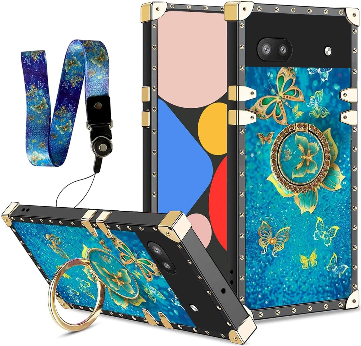 Nancheng Case for Google Pixel 6A (Not Pixel 6/6 Pro) Square Back Cover Design Colorful Petal Stars Sky with Diamond Holder Ring Strap Lanyard Shockproof Protective Phone Case for Pixel 6A - Flowers  nancheng Butterfly Blue  