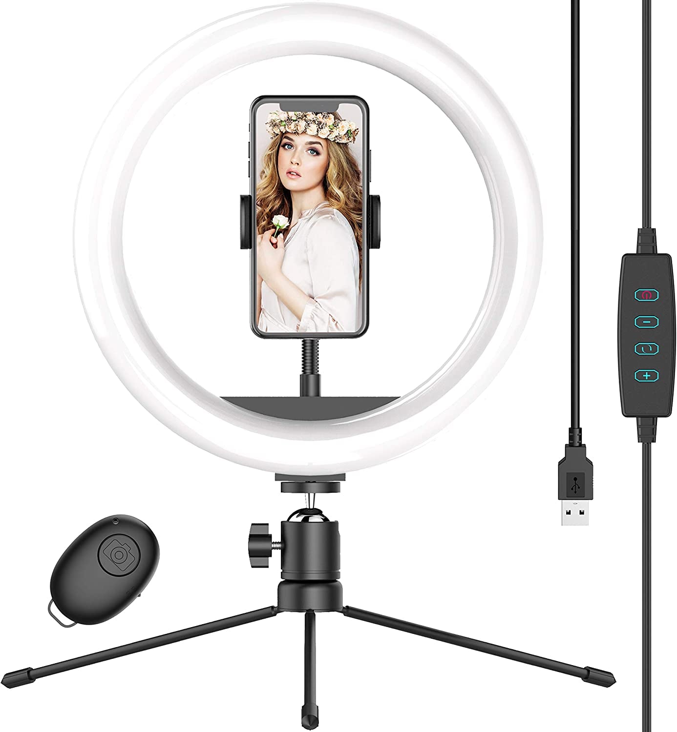 12" Selfie Ring Light with 63" Adjustable Tripod Stand and Phone Holder, LED Dimmable Ringlight with Remote, for Live Stream/Photography/Makeup/Youtube Video, Compatible with Cell Phones, Cameras  Waulnpekq 10 INCH  