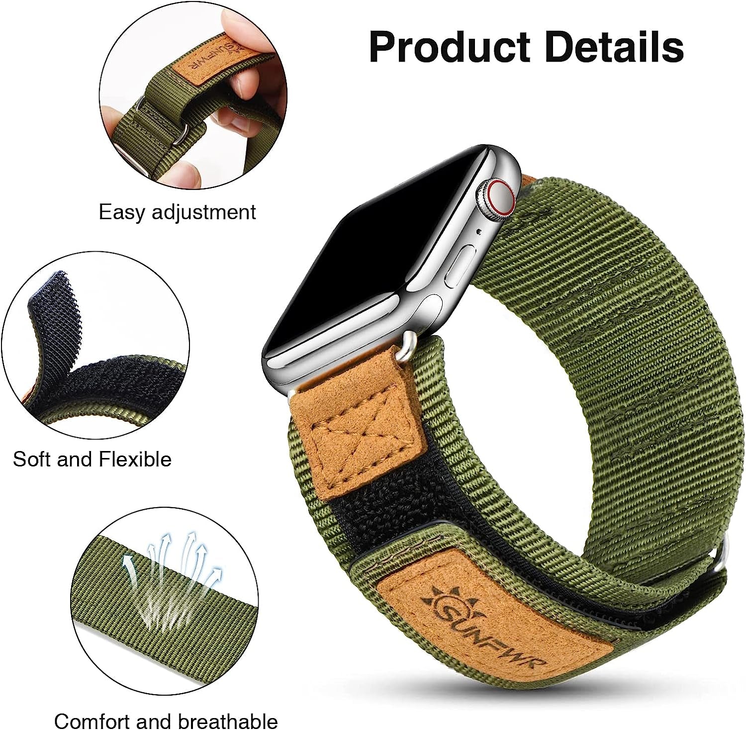 SUNFWR Compatible with Apple Watch Band 42Mm 44Mm 45Mm 49Mm 38Mm 40Mm 41Mm, Rugged Replacement Velcro Strap with Three Buckle Loop Design Tough Nylon Band for Iwatch Ultra Series 8/7/6/5/4/3/2/1/SE  SUNFWR   