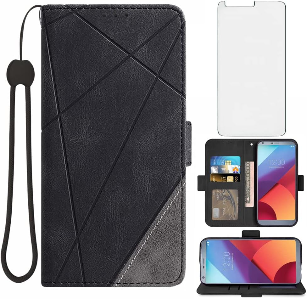 Asuwish Compatible with LG G6 Wallet Case and Tempered Glass Screen Protector Leather Flip Cover Card Holder Stand Cell Phone Cases for LGG6 Thinq LG6 Thin Q G 6 plus G6+ 6G VS988 H872 Women Men Blue  Asuwish Black  