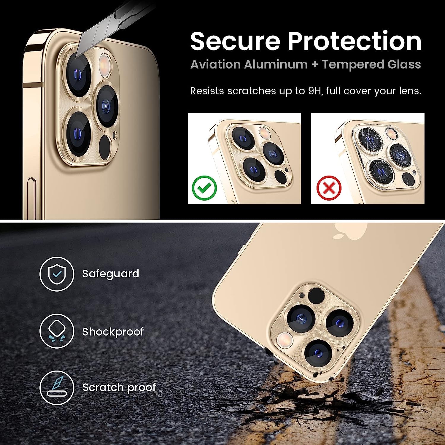 Tensea for Iphone 13 Pro / Iphone 13 Pro Max Camera Lens Protector, Tempered Glass Camera Cover Screen Protector Accessories, Aluminum Alloy Metal, Case Friendly for Iphone 13Pro / 13 Promax 2021 (Gold)  Tensea   