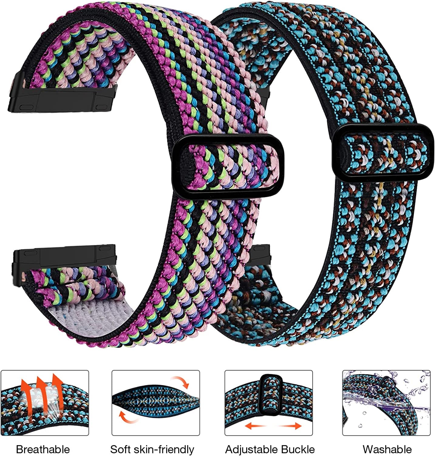 4 Pack Stretchy Bands Compatible with Fitbit Versa 3/Fitbit Versa 4/Fitbit Sense 2/Fitbit Sense Bands Women Men, Adjustable Elastic Breathable Loop Nylon Replacement Straps for Fitbit Sense & Versa 3  POHNUI   