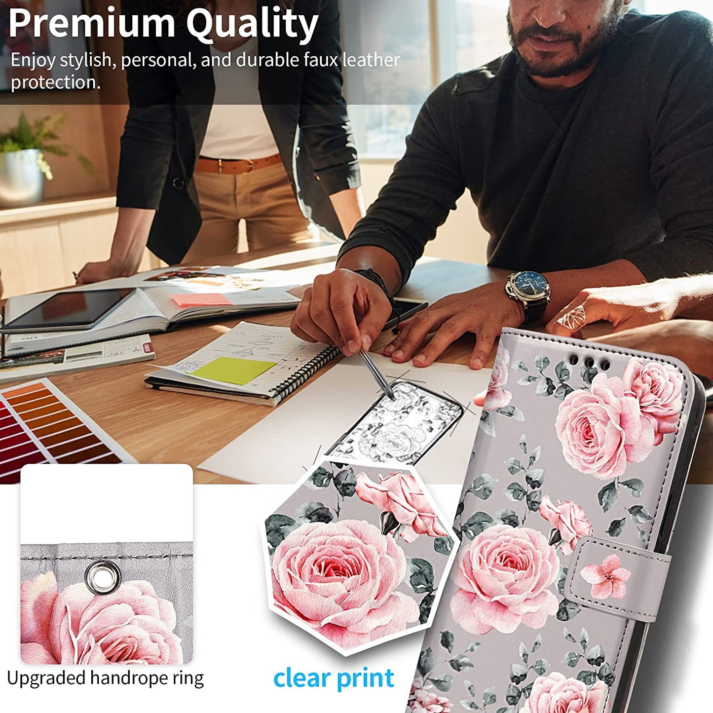 HOGGU Iphone 14 plus Case Wallet [Compatible with Magsafe] Magnetic Detachable Floral Flip PU Leather Case with Card Holder RFID Blocking, Hand Strap, Iphone 14 plus Wallet Case for Women Girls-Gray  HOGGU   