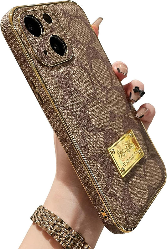 Designer Iphone 14 plus Case for Women Luxury 6.7 Inch, Leather Back Edge with Plate Gold Rim Classic Pattern Bling Glitter Nameplate Camera Protection Cover, Non Slip Shockproof Protective, Khaki  JIUDUIDODO   