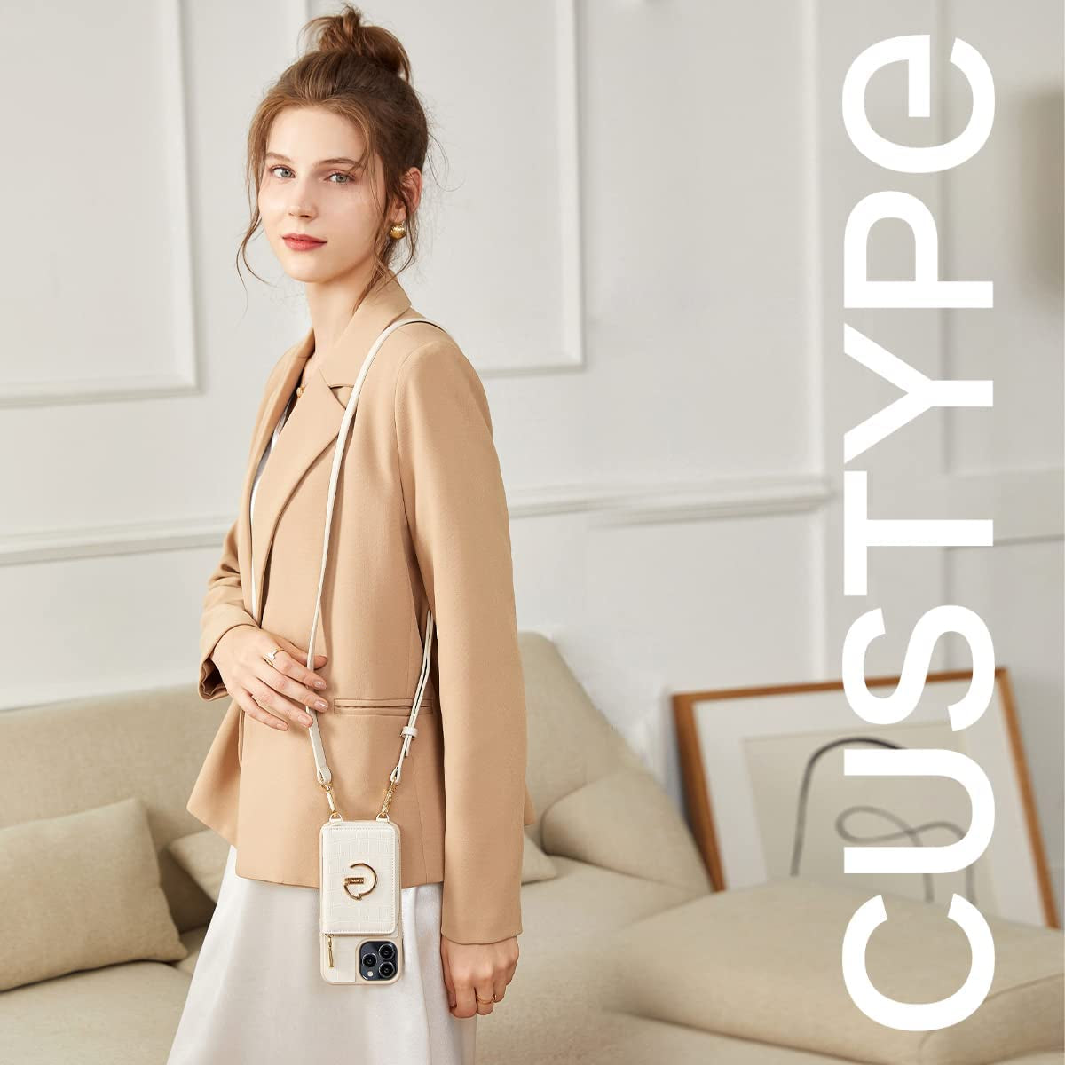 CUSTYPE for Iphone 14 Pro Max Magsafe Case Wallet with Strap Wrist for Women, Crossbody Zipper Case with Card Holder, [Compatible with Wireless Charging] Protective Case Purse with Ring 6.7Inch, Beige  C CUSTYPE   