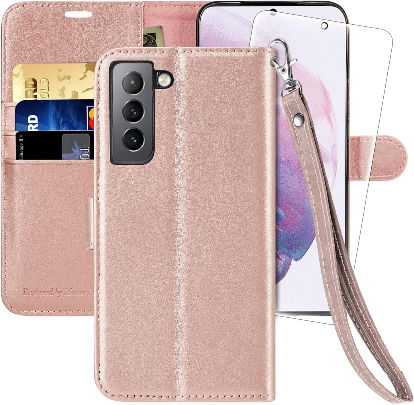 MONASAY Wallet Case for Galaxy S21+Plus 5G, 6.7 Inch [Screen Protector Included][Rfid Blocking] Flip Folio Leather Cell Phone Cover with Credit Card Holder, Lavenders  MONASAY Rose  