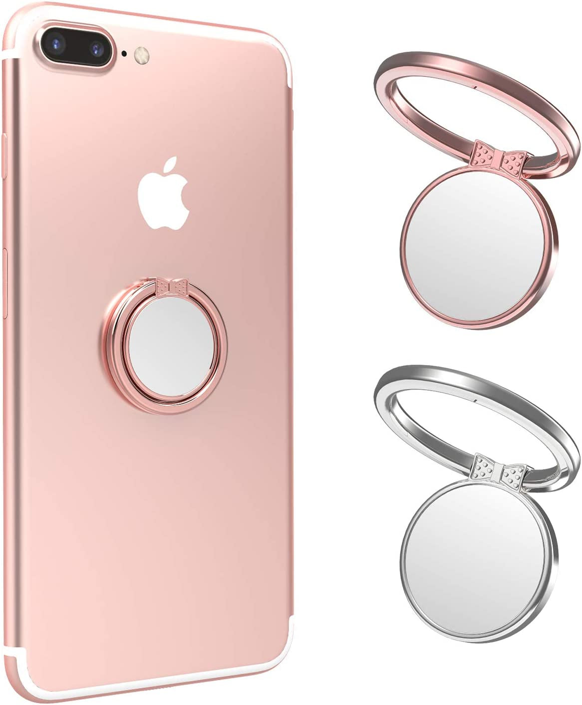 Finger Ring Stand, ICHECKEY Phone Ring Kickstand 360° Rotation Metal Grip Holder for Magnetic Car Mount Compatible with All Smartphone, Ipad, Tablet - Rose Gold/Silver (Rose2Pcs)  ICHECKEY   