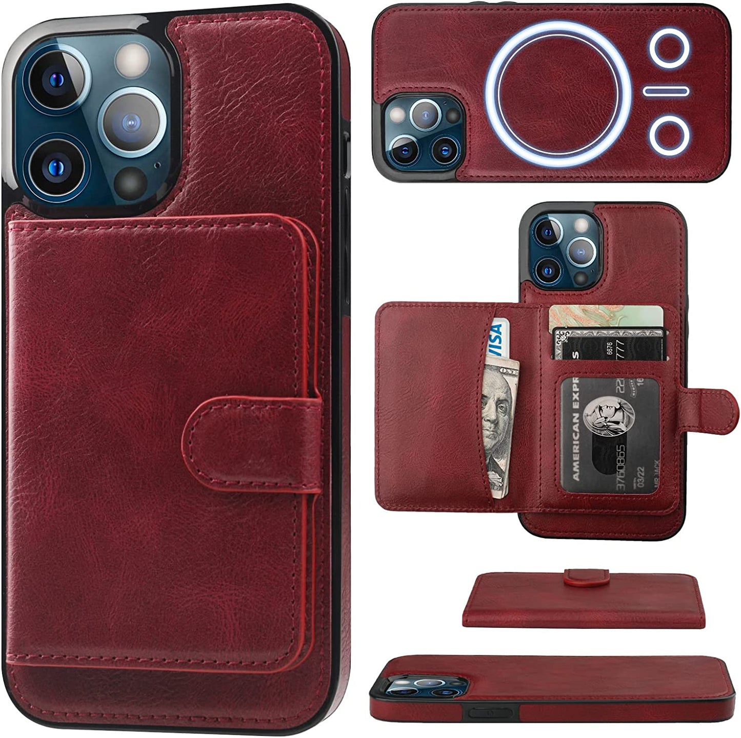 Bocasal Wallet Case for Iphone 13 Pro Max Compatible with Magsafe Magnetic RFID Blocking Detachable Premium PU Leather Flip Case with Card Slots Holder Kickstand Wireless Charging 6.7 Inch (Brown)  Bocasal Wine Red  
