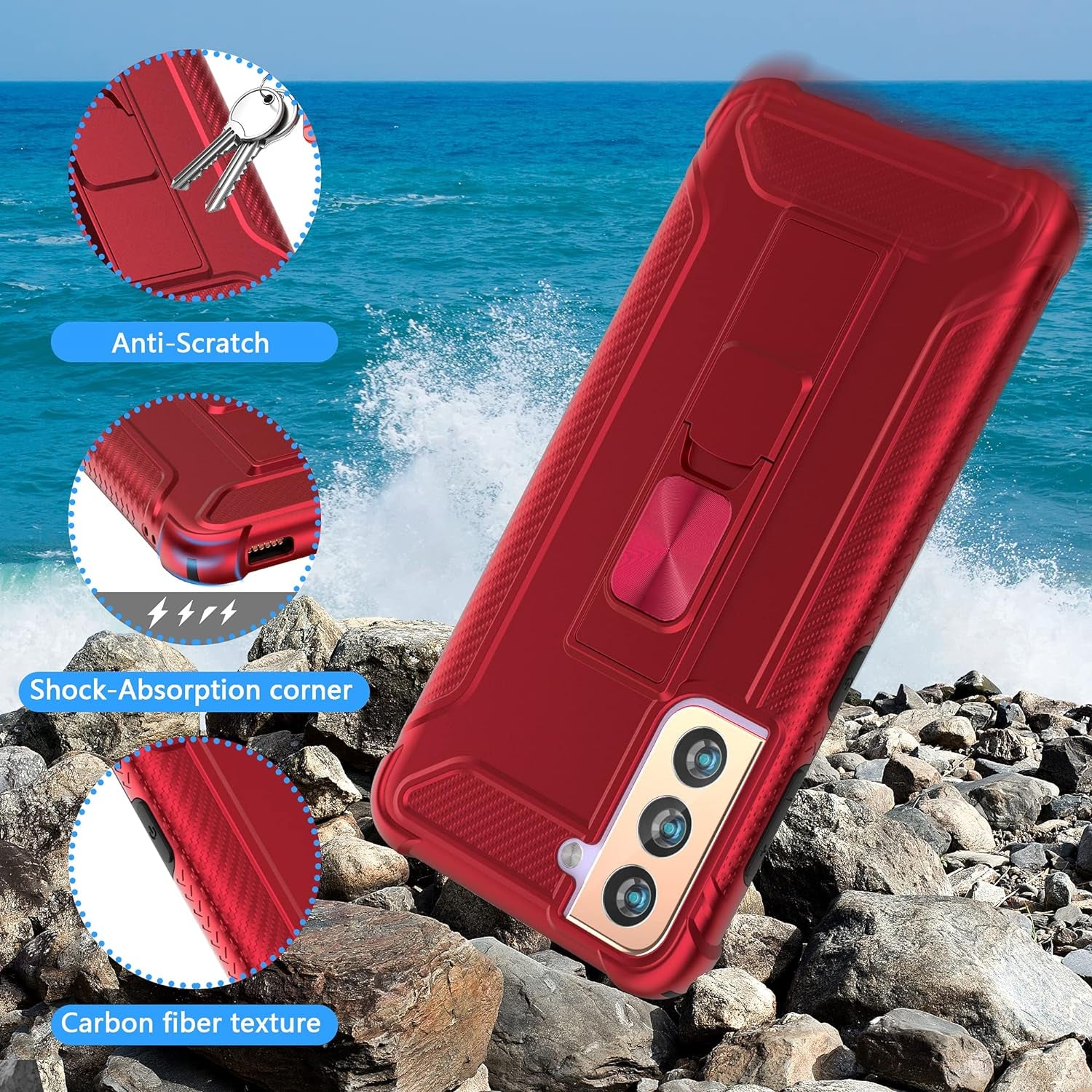 ORETECH Samsung S21 plus Case, Galaxy S21 plus Case with 2 X Tempered Glass Screen Protector for Samsung Galaxy S21 plus Phone Case with Built-In Kickstand for Samsung S21 plus Case -6.7" Red  ORETECH   