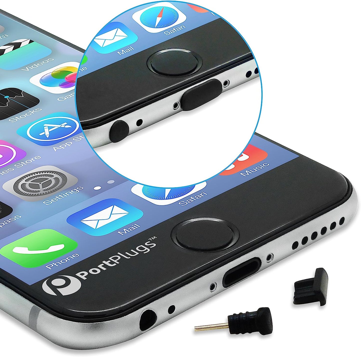 Portplugs Dust Plugs (5 Sets) - Compatible Iphone 5, SE, 6, 6S, 6S, 6 plus - Headphone Jack Plugs with SIM Tool – Includes Cleaning Brush (Black)  PortPlugs   