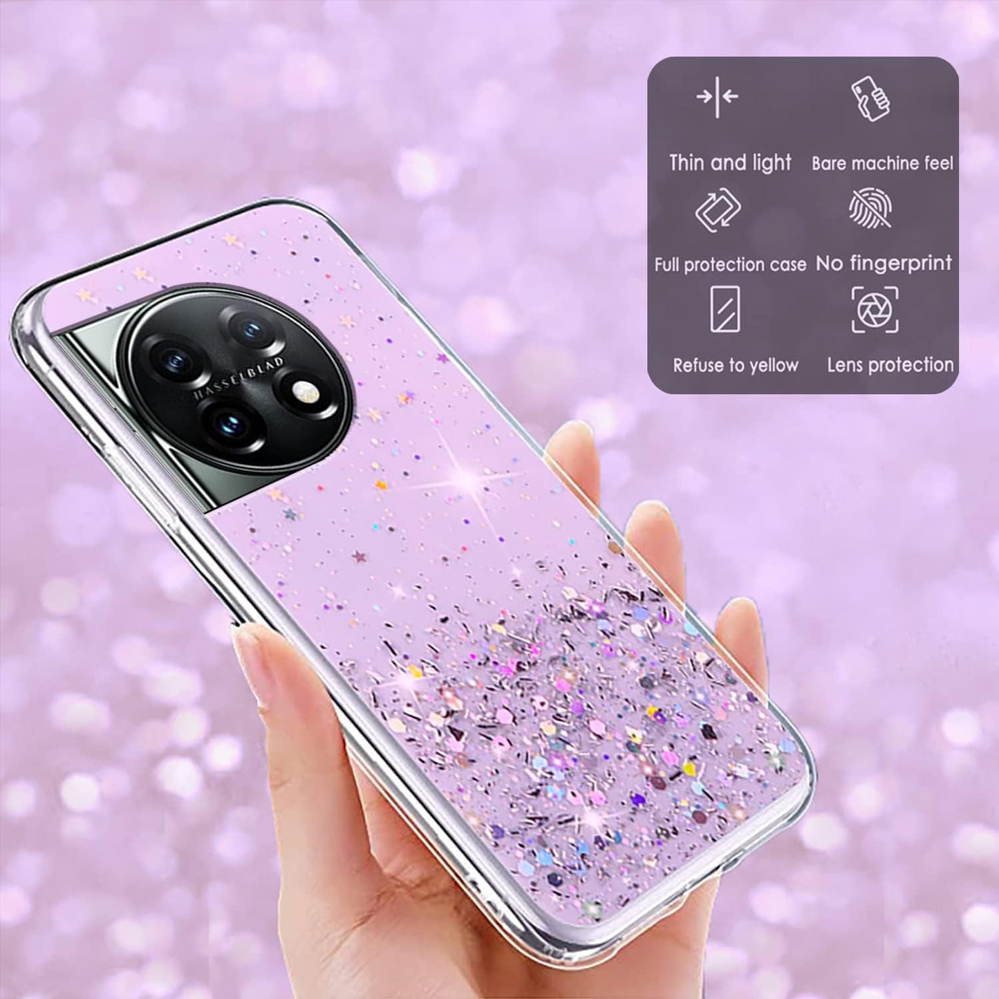 Compatible with Oneplus 11 Case Glitter Clear Green, Oneplus 11 Phone Case Silicone Transparent Soft TPU Women Girls Shockproof Protective Slim Cover (Purple)  Wousunly   