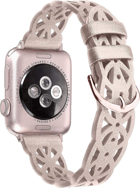 Secbolt Hollowed-Out Leather Band Compatible with Apple Watch 38Mm 40Mm 41Mm 42Mm 44Mm 45Mm Iwatch Series 8/7/6/SE/5/4/3/2/1, Elegant Top-Grain Leather Wristband Strap Accessories for Women  Secbolt   