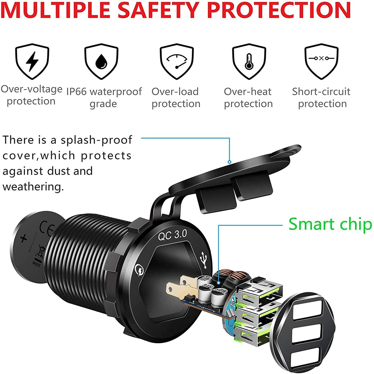 3 USB 3.0 Car Charger, 12V/24V 36W QC3.0 USB Charger Socket, 3 X USB 3.0 Socket Charger USB Outlet Fast Charge with 10A Wire Fuse Aluminum (Black)  Speedcur   