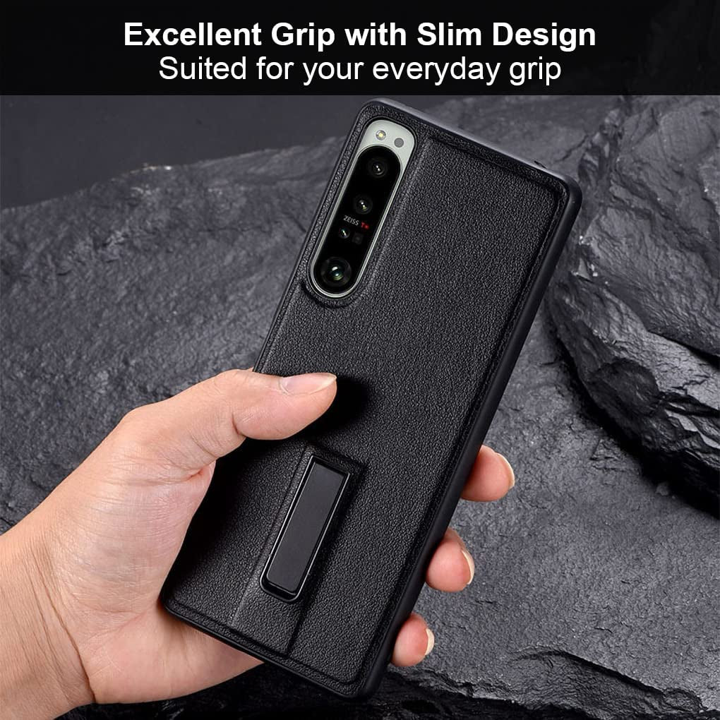 QUIETIP Stand Case for Sony Xperia 1 V 5G with Screen Protector,Slim Leather Metal Kickstand Protective Cover Lens Protect,Black  QUIETIP   