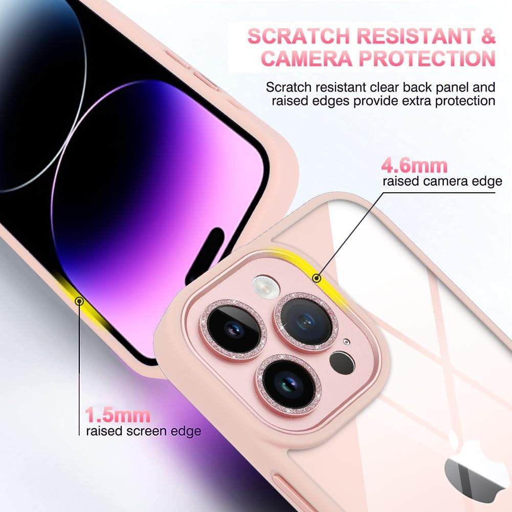Tharlet Clear for Iphone 14 Pro Case [10FT Military Grade Drop Tested] White Silicone Slim Clear Hard Back Frame with Glitter Camera Lens Case for Iphone 14 Pro Phone Case, Pink (6.1")  tharlet   
