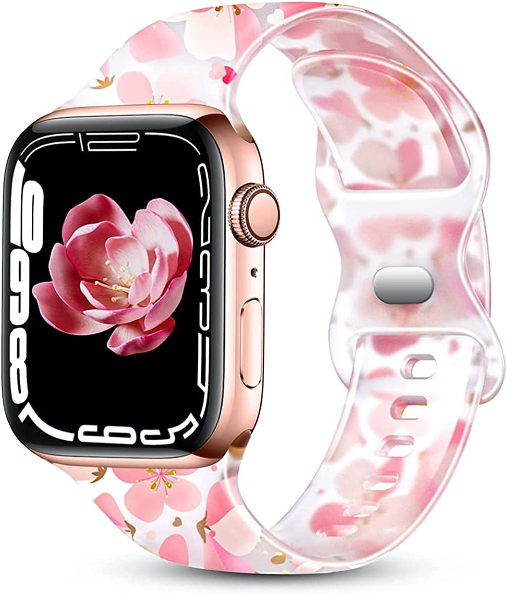 Creategreat Transparent Bands Compatible with Apple Watch Bands 41Mm 40Mm 38Mm 45Mm 44Mm 42Mm for Women Men, Clear Silicone Printed Fadeless Pattern Replacement Strap for Iwatch SE & Series 8,7,6,5,4,3,2,1  CreateGreat Pink Flower 45MM/44MM/42MM 