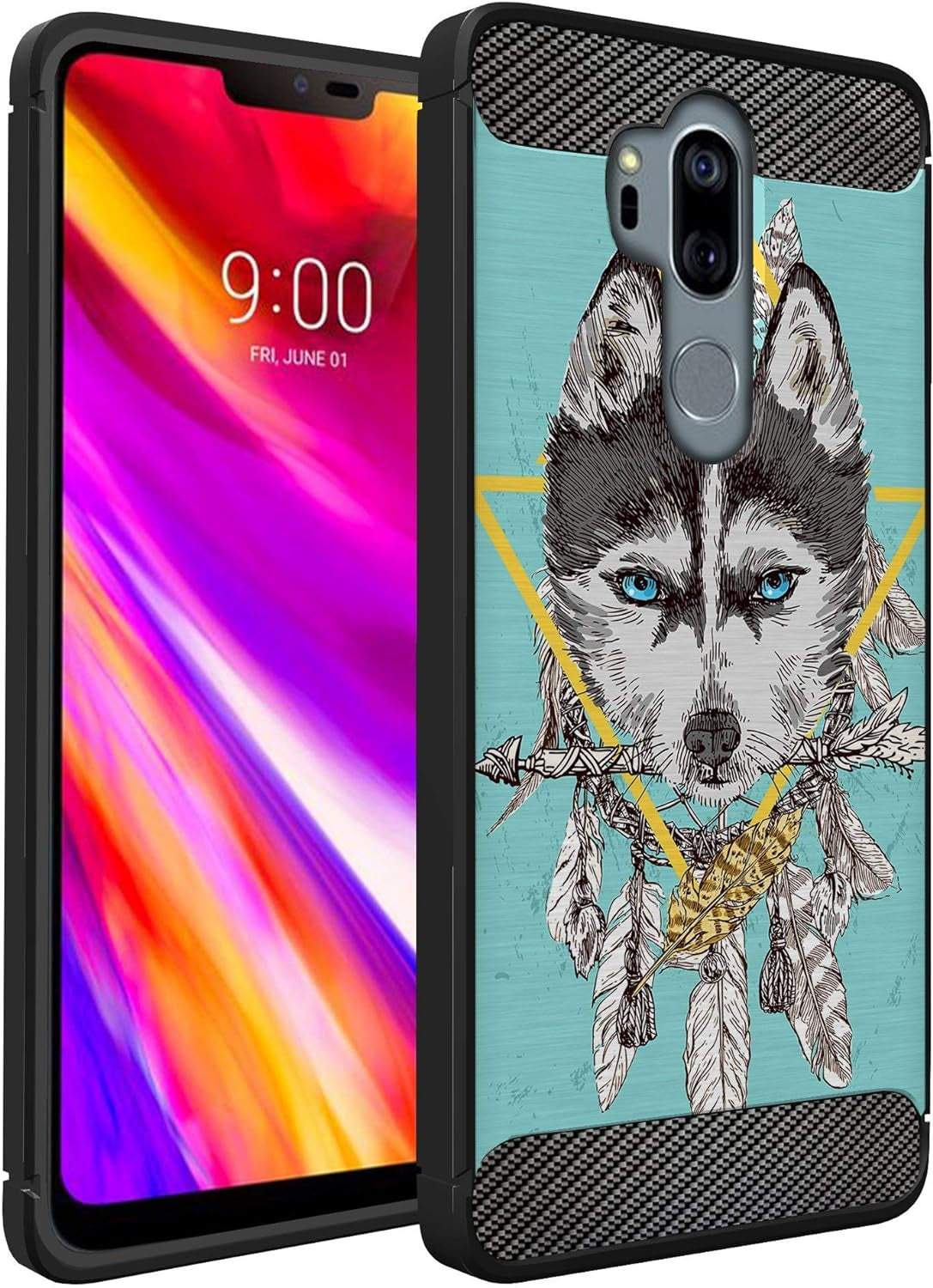 Casesondeck Case Compatible with [LG G7 / LG G7 Thinq] Tribal Floral Matte TPU Flexible Carbon Fiber Textured (Horse Tribal)  CasesonDeck Teal Wolf  