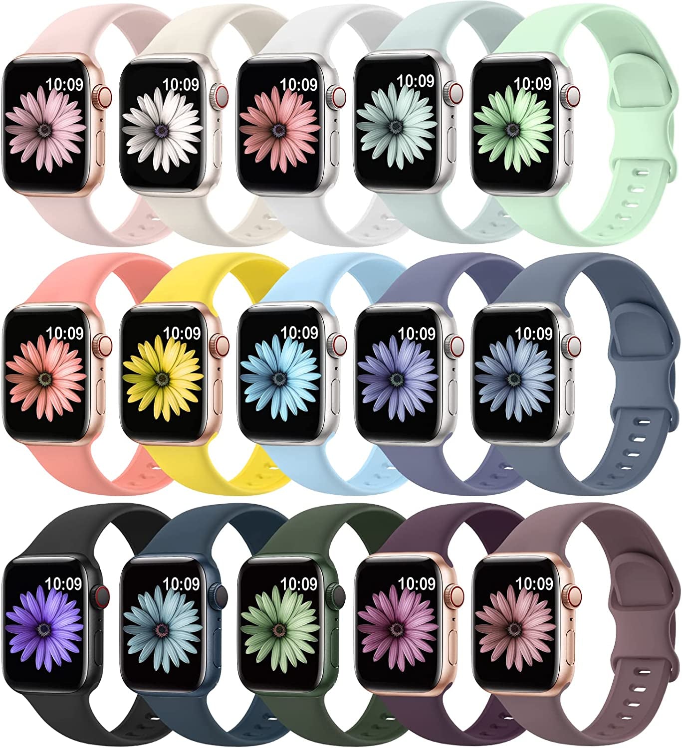 15 Pack Soft Silicone Bands Compatible with Apple Watch Band 40Mm 41Mm 38Mm 45Mm 44Mm 42Mm for Women Men,Waterproof Sport Iwatch Bands Replacement Strap Wristbands for Iwatch SE Series 8 7 6 5 4 3 2 1  SuperNaNa 15pack-Novelty colors 38mm/40mm/41mm 